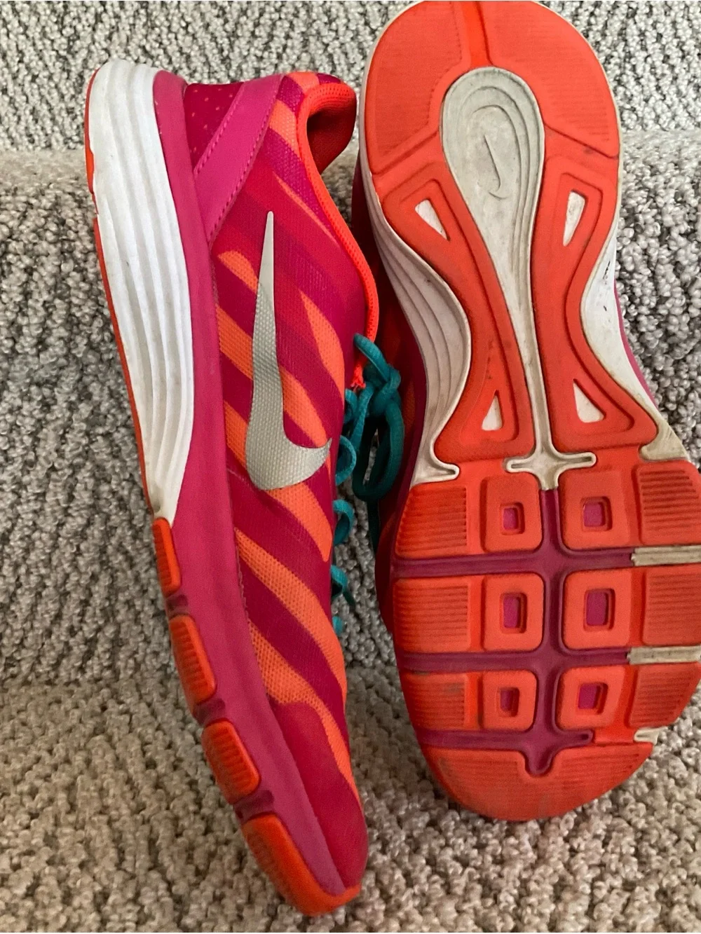 Nike Pink and Orange Women's Running Shoes with Teal Laces